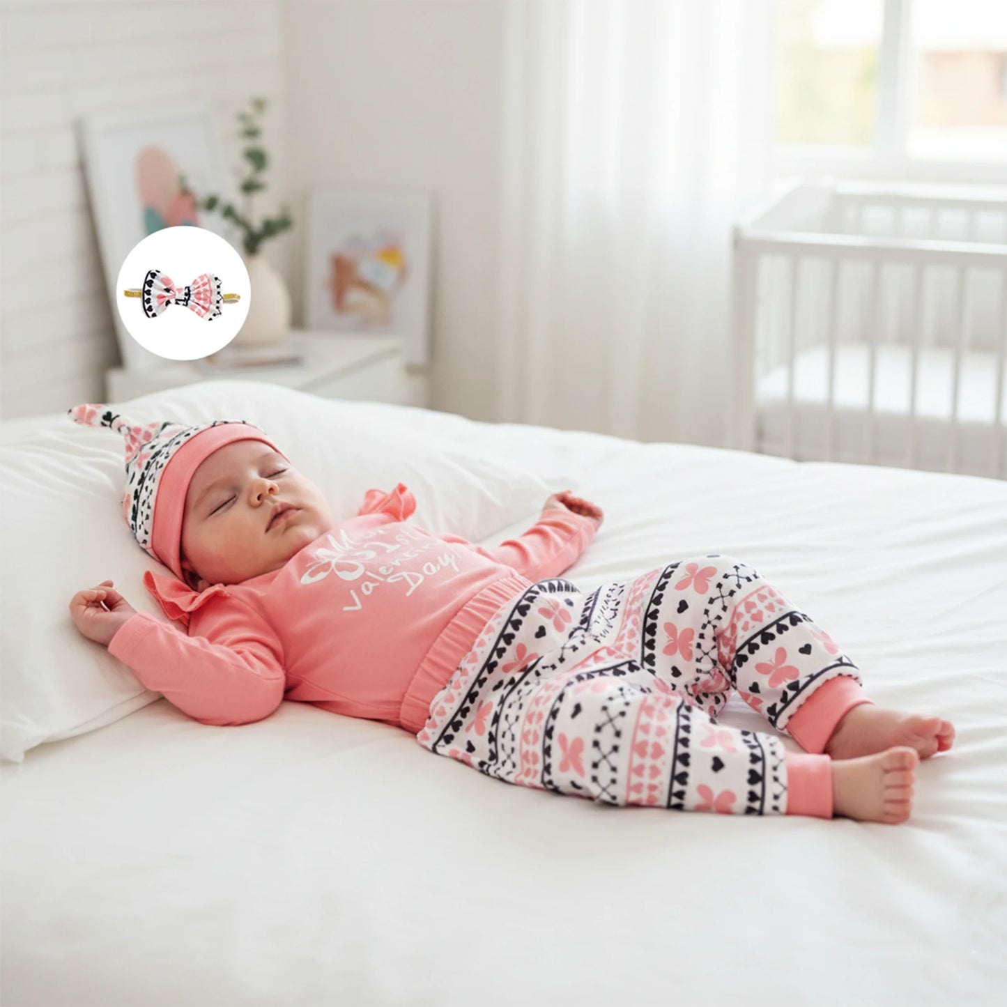 Newborn Baby Girls Boys Valentine's Day Outfit Set - Letter Print Romper with Butterfly Pants & Accessories 0-12M
