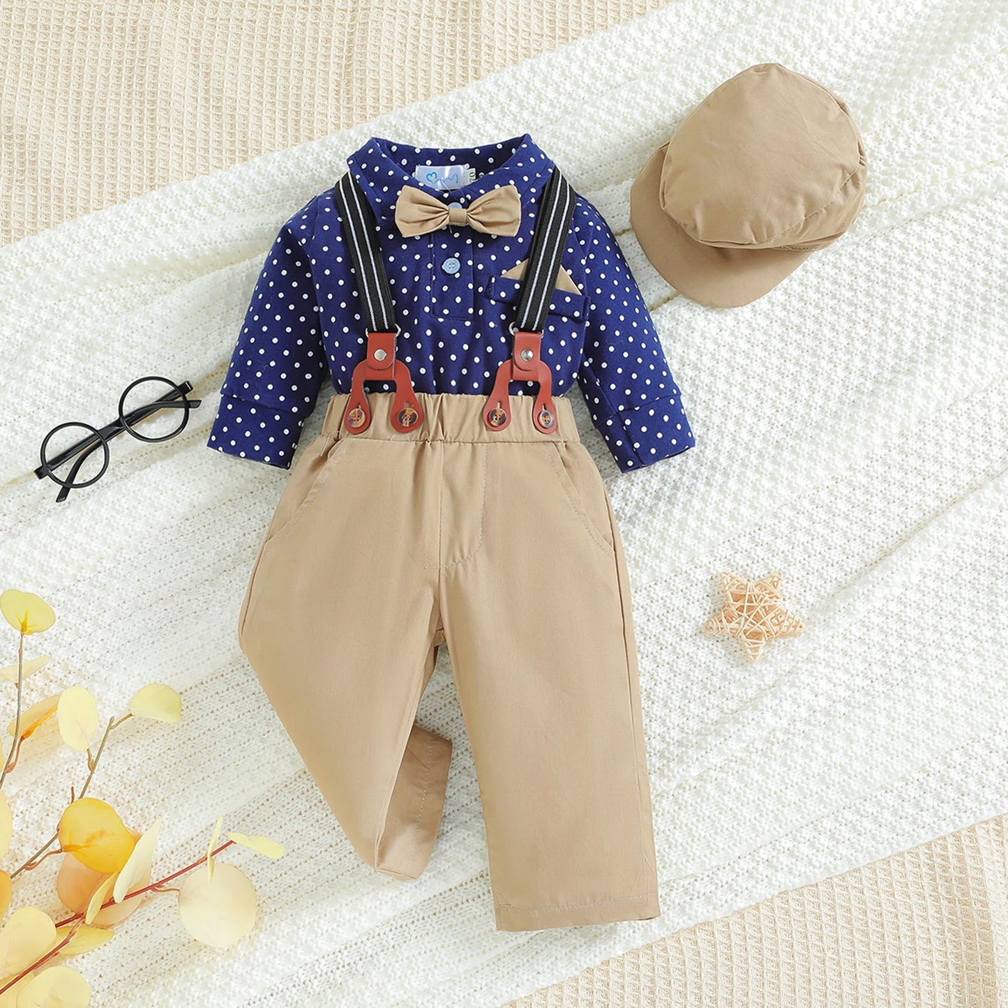 0-18M Autumn Baby Boys Gentleman Clothes Sets 3pcs Long Sleeve Polka Dots Print Shirt + Suspender Pants + HaT