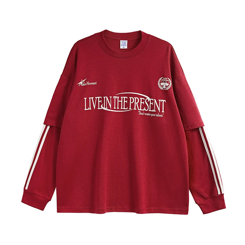 Unisex Retro Double Layer Streetwear Hip Hop Oversized Long Sleeve Sportswear T-Shirt