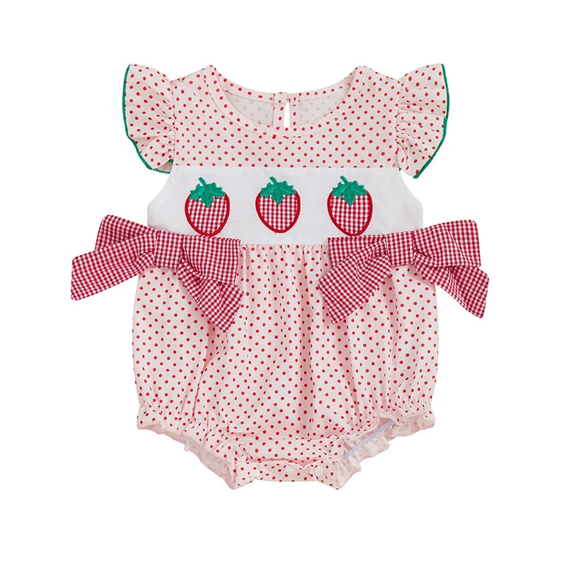 0-18M  Baby Girls Romper for Summer Strawberry Embroidery Dot Print Crew Neck Ruffled Flying Sleeve Babygrow Jumpsuit