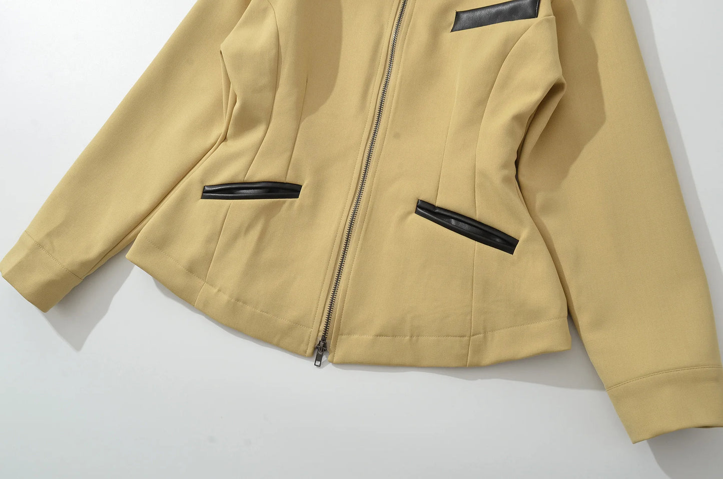 Women's Retro Faux Leather Patchwork Jacket - Slim Fit Long Sleeve Lapel Style