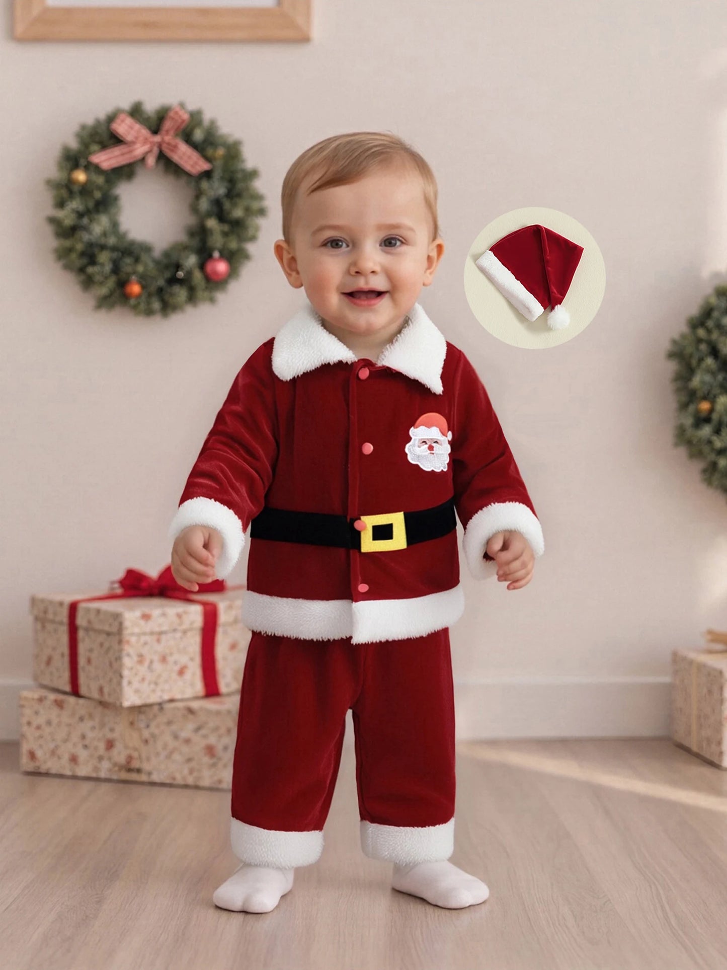 Christmas Santa Costume Set - Kids Lapel Button Down Top & Pants Outfit