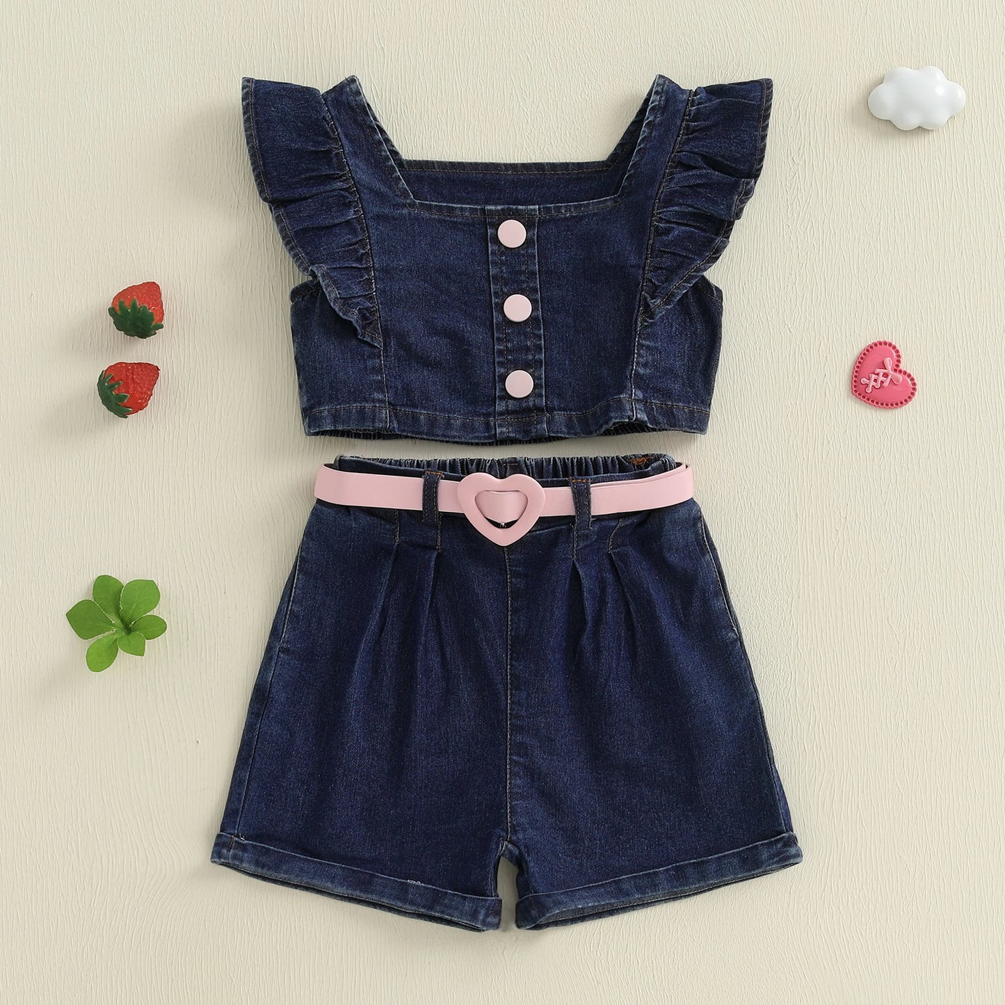 1-6Y Kids Girls Summer Clothes Set Outfits Fly Sleeves Denim Tank Top and Elastic Shorts with Belt