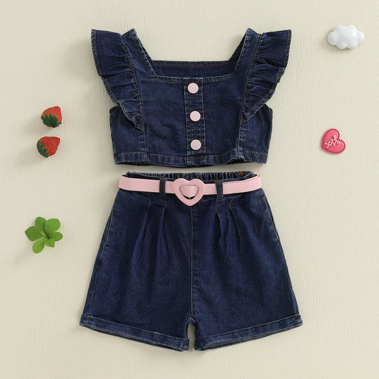 1-6Y Kids Girls Summer Clothes Set Outfits Fly Sleeves Denim Tank Top and Elastic Shorts with Belt