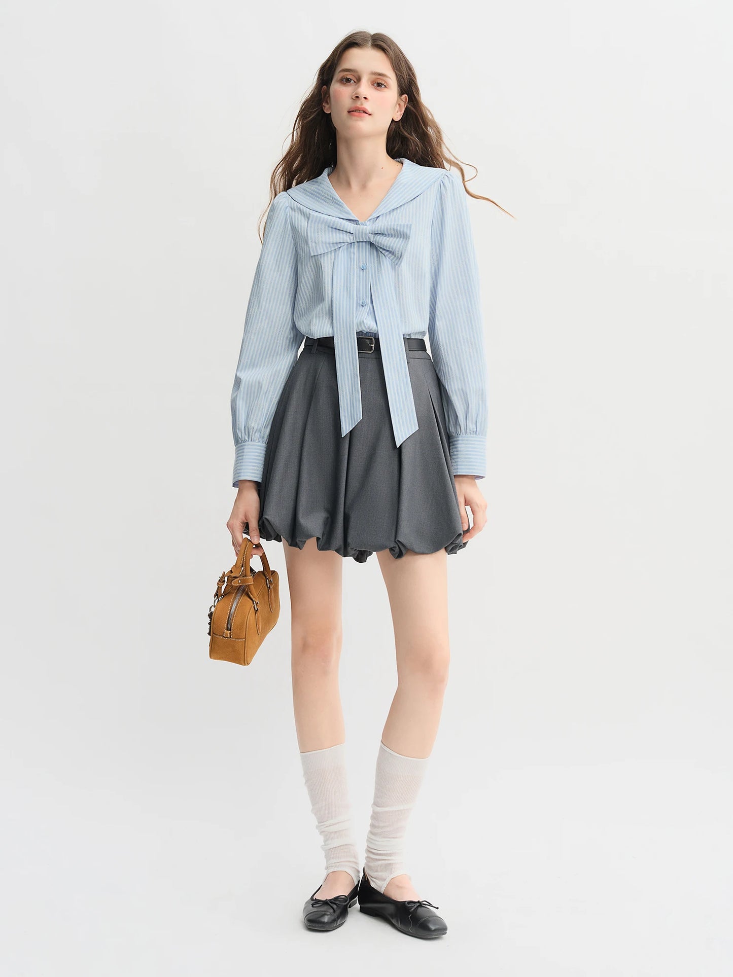 Plus Size Striped Shirt Dress with Navy Collar & Bow Detail