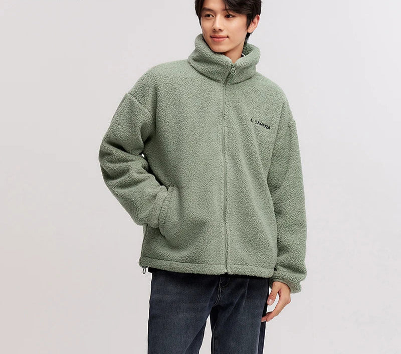 Men's Loose Fit Fleece Jacket - Plush Embroidered Stand Collar Winter Coat