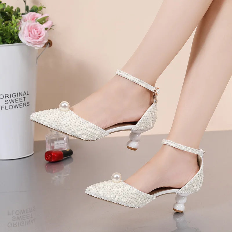 Women's 5cm Round Heel Shaped Heel Pearl Sandals