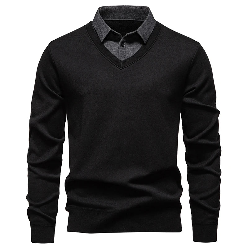Men's Fake Two-Piece Knitted Pullover - Slim Fit Turn Down Collar Sweater