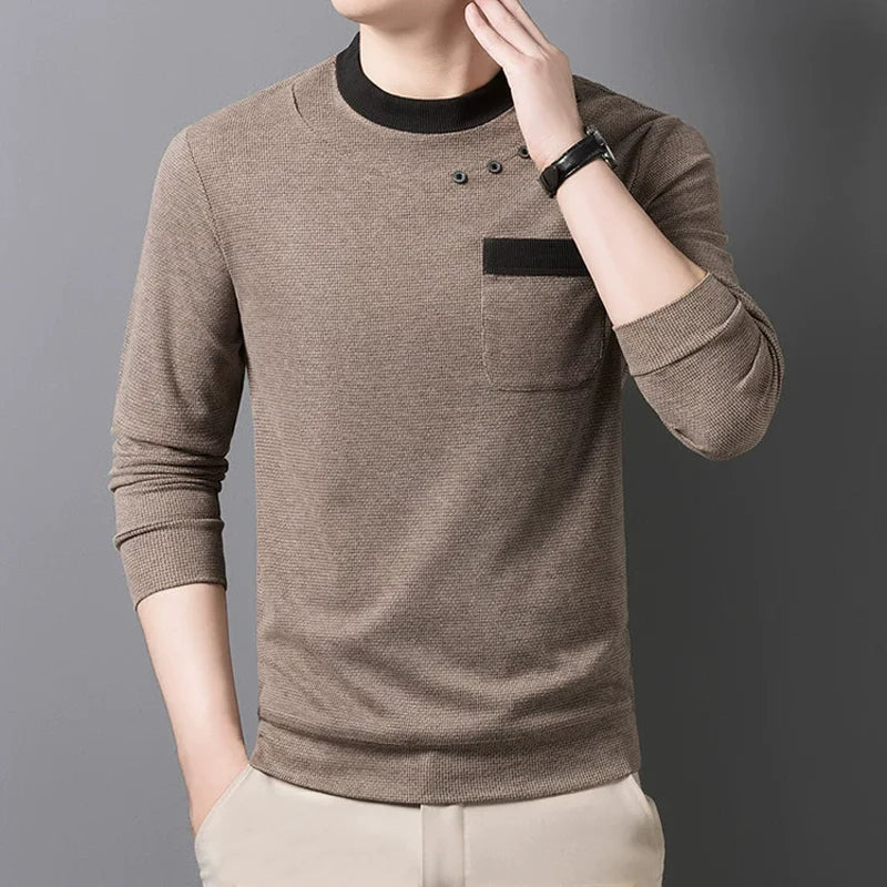 Men's Patchwork O-Neck Knit Pullover - Smart Casual Warm Sweater with Pocket
