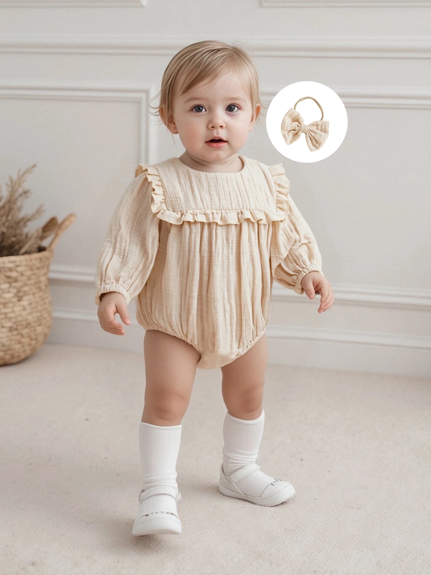Baby Girls Fall Romper - Solid Color Long Sleeve Round Neck Ruffled Jumpsuit with Bow Headband
