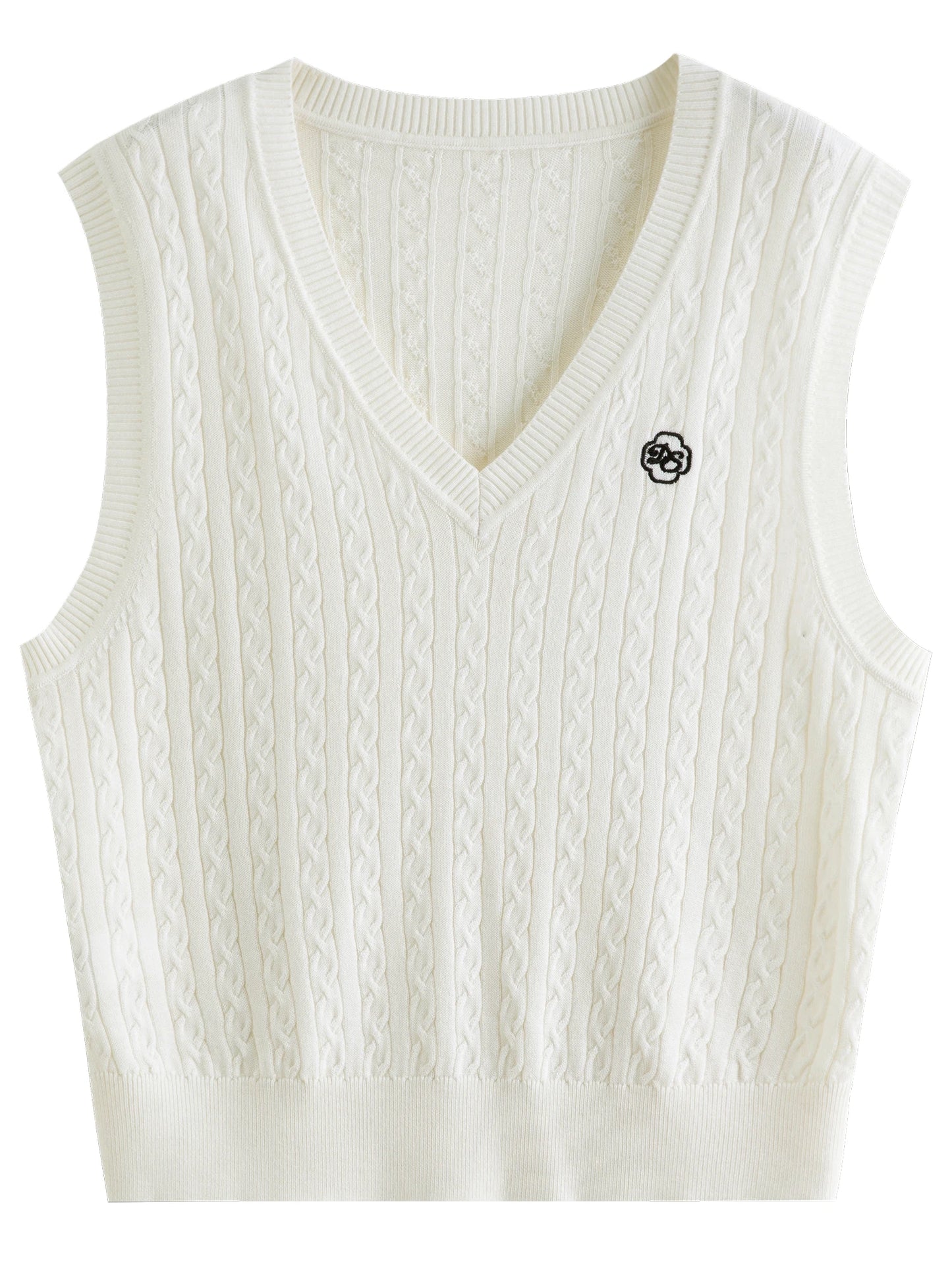 Cable Knit Vest - White V-Neck Sleeveless Pullover