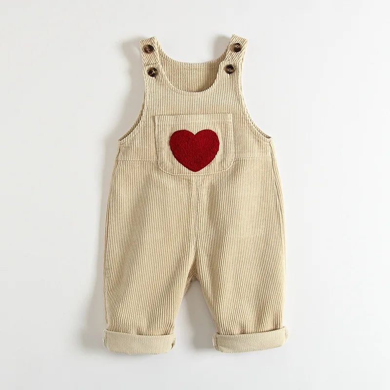 1-4Y Toddler Baby Boys Girls Solid Corduroy Suspender Overalls Heart Pattern Children's Jumpsuit