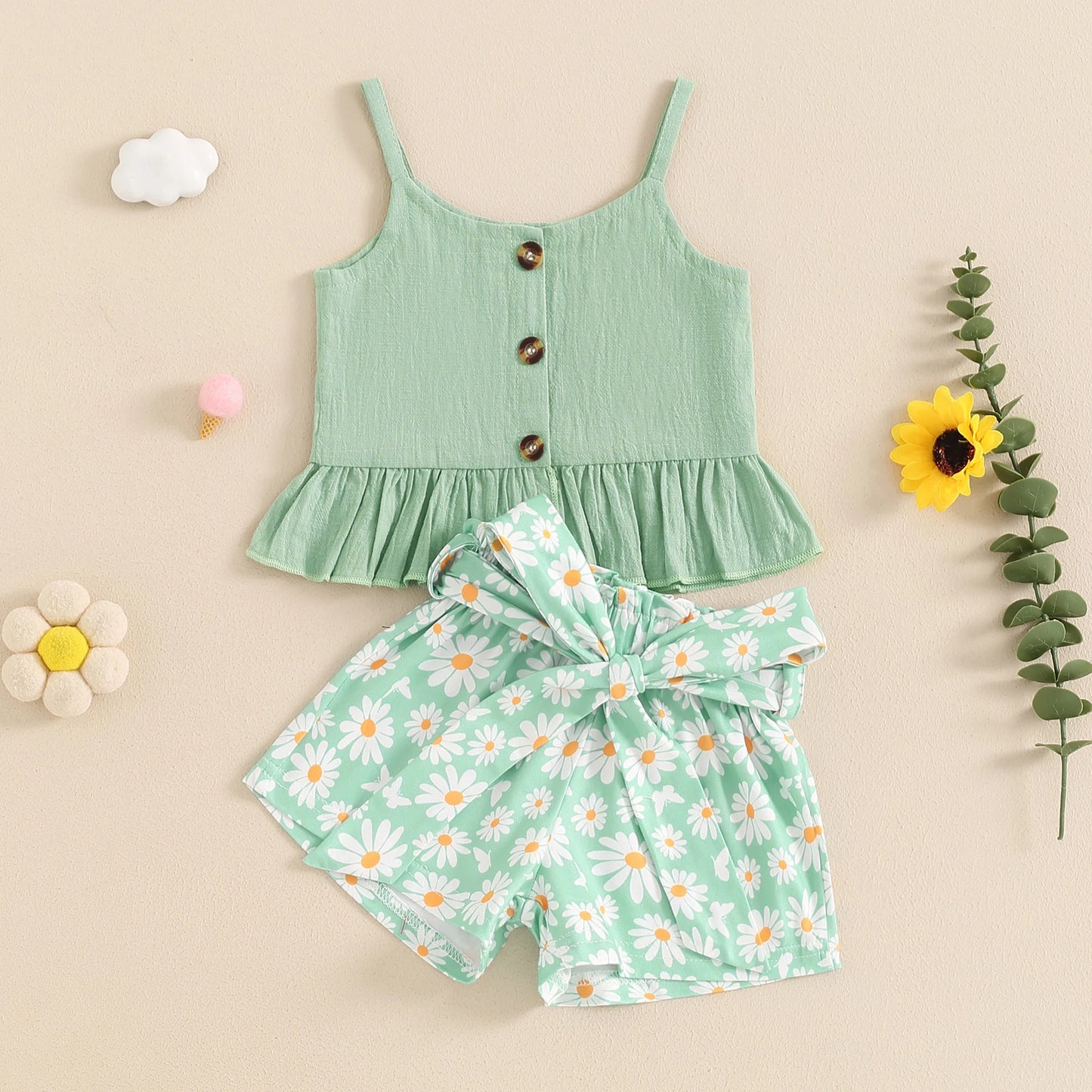 0-4Y Girls Summer Clothes Sets - Sleeveless Button Up Camisole Vest, Sunflowers Print Shorts Sets