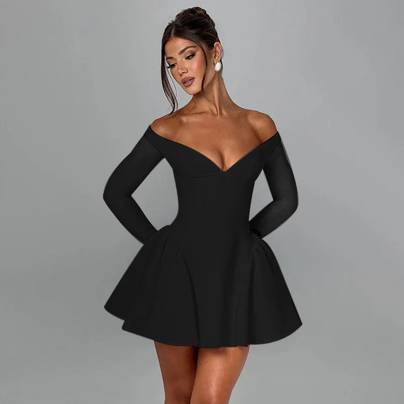 Women's Off Shoulder V Neck A-Line Mini Dress Club Party Outfits for Women Long Sleeve Sexy Bodycon Dresses Elegant Gown