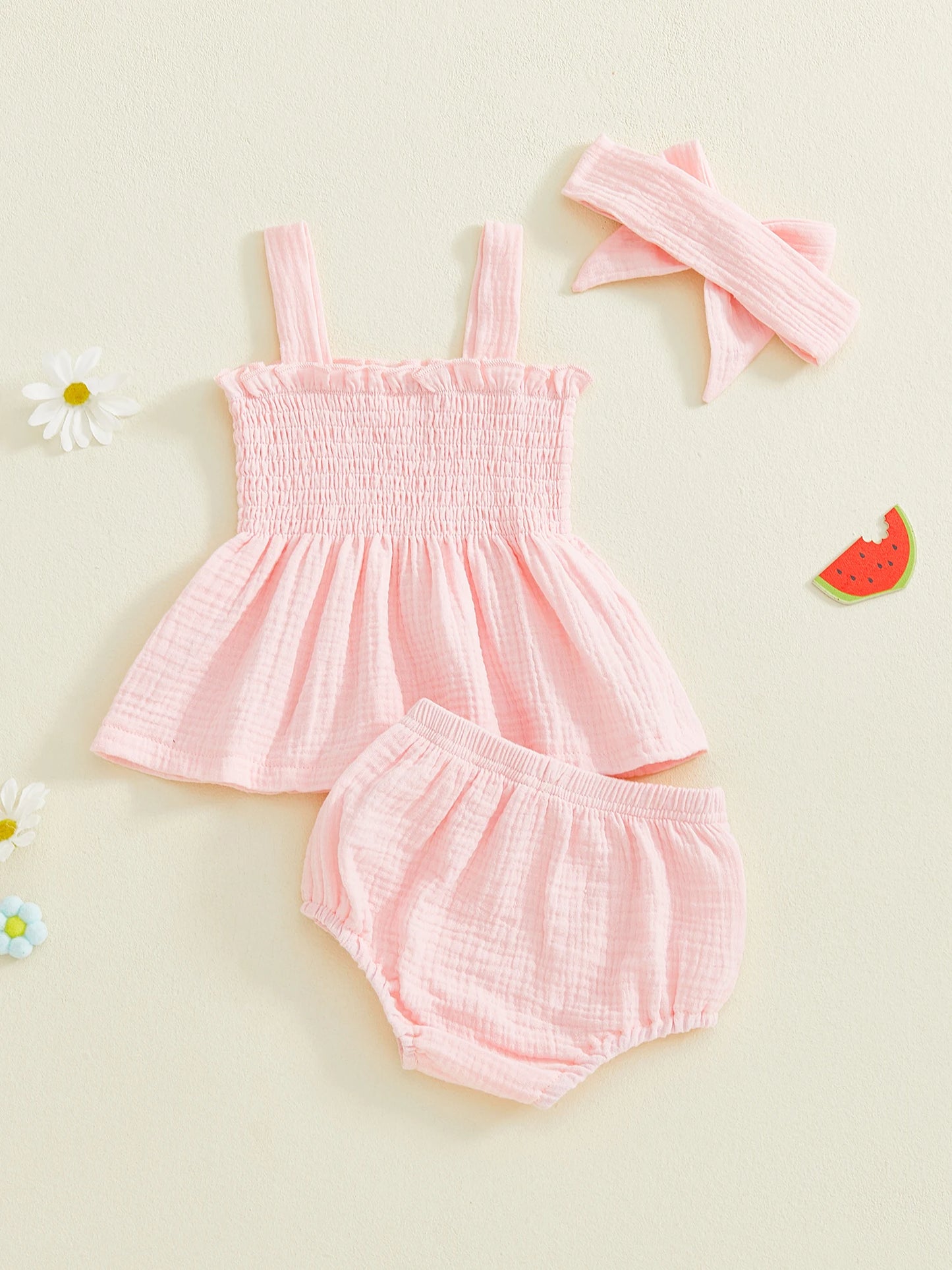 Baby Girls Summer Outfit Set - Ruffled Smocked Top, Shorts & Headband (0-24M)