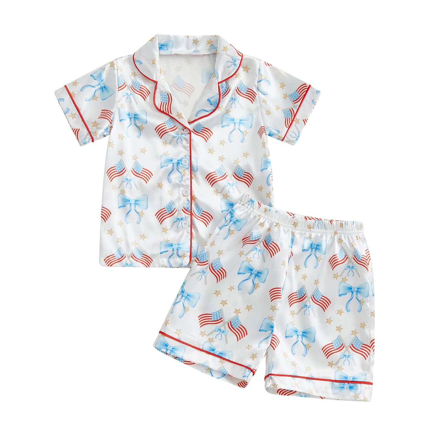 0-6Y Summer Kids Girls Pyjamas Clothes Set Summer Star/Bow Print Button up Short Sleeves Shirt with Elastic Shorts