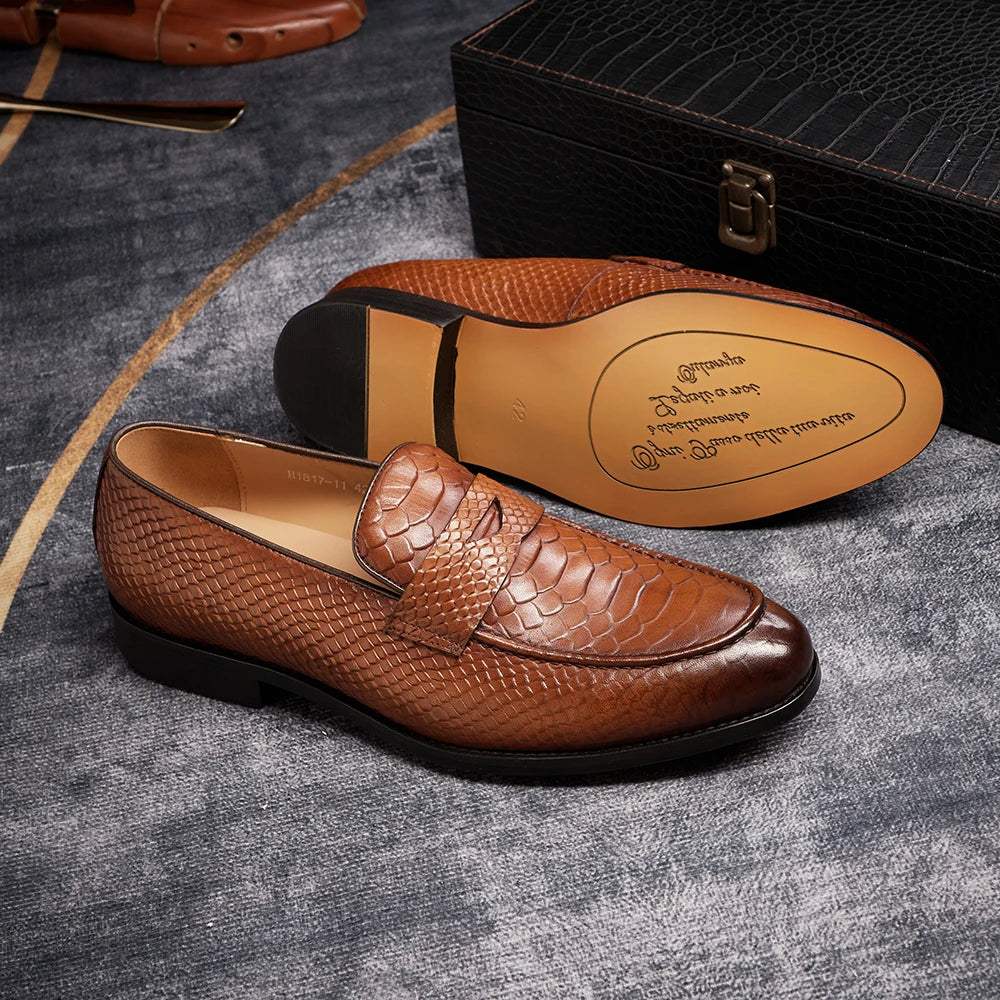 Men's Genuine Leather Snake Pattern Loafers – Pointed Slip-On Dress Shoes