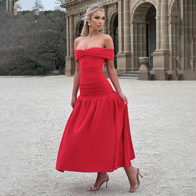 Women's  Ruched One-Shoulder Party Long  Sleeveless High Waist A-Line Dress