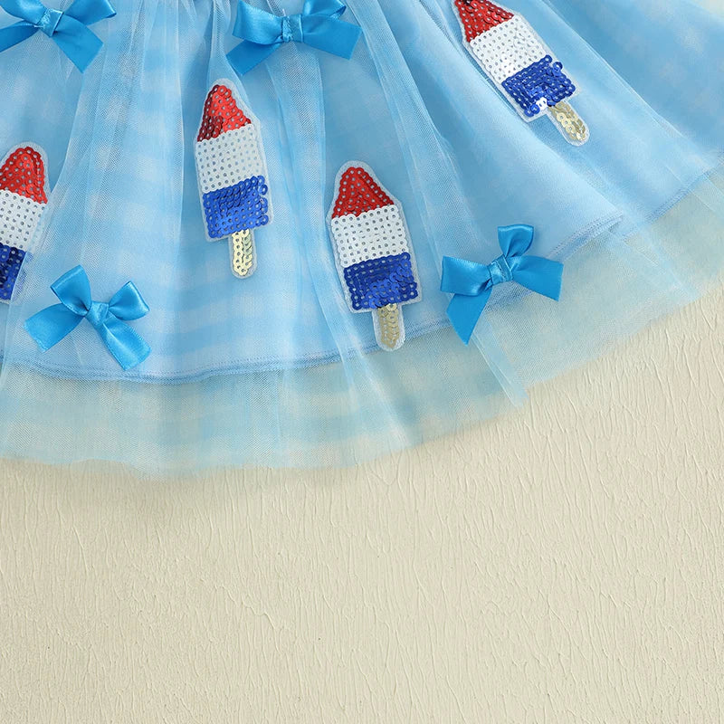 0-6Y Kids Girls American Flag Clothes Sets Bow Embroidery Short Sleeve T Shirt Mesh Lace Skirt Headband