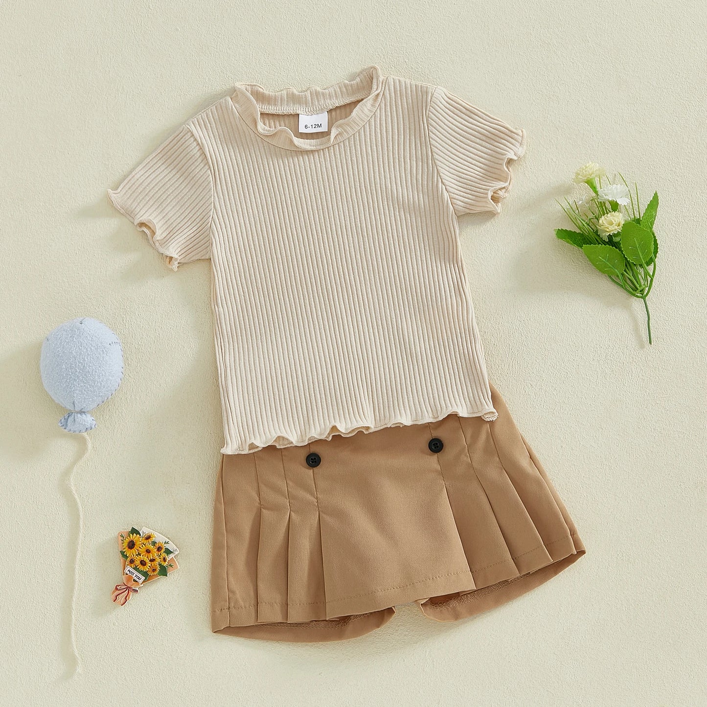 0-4Y  Kids Girls Summer Clothes Sets Short Sleeve Ribbed Top with Pleated A Line Skirt