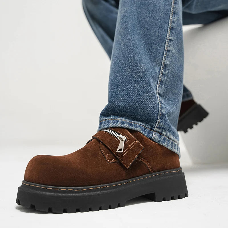 Men's Suede Leather Platform Work Shoes - Zipper Business Sneakers