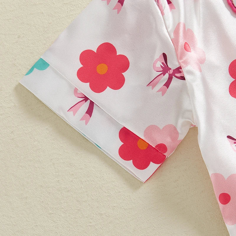 0-4Y Summer  Kids Girls Summer Pyjamas Clothes Sets 2pcs Flower Bow Print Single Breasted Shirts and Shorts