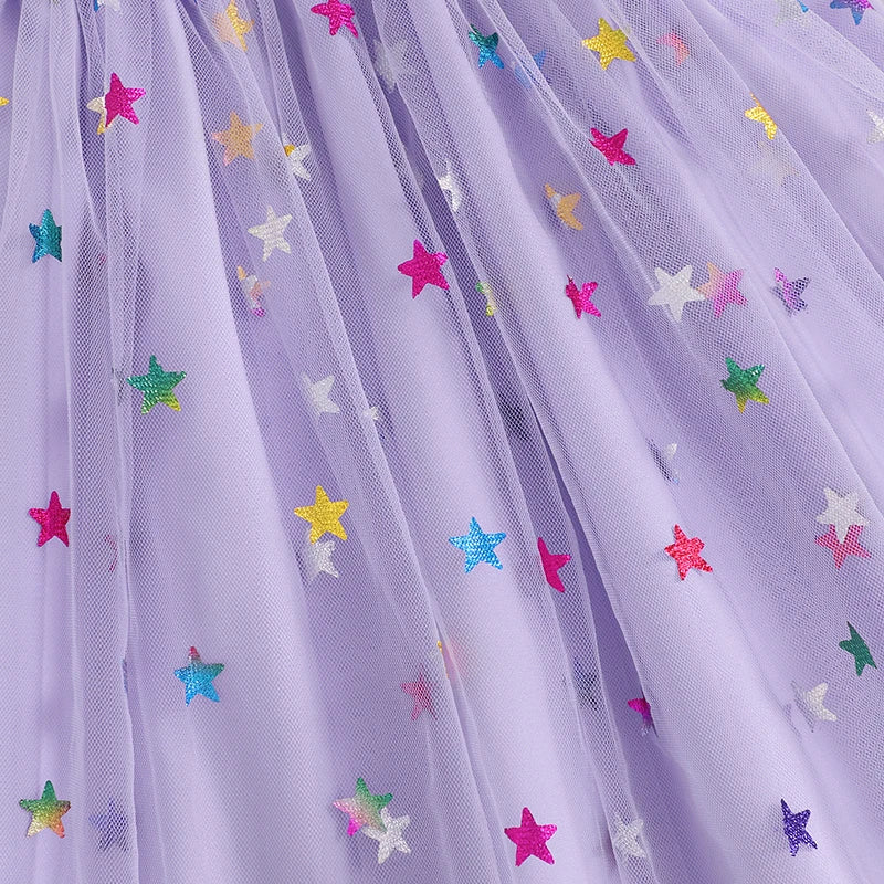 0-4YBaby Girls Summer Dress Glitter Star/Flower Print Fly Sleeve Square Neck Mesh Tulle Summer Dressress