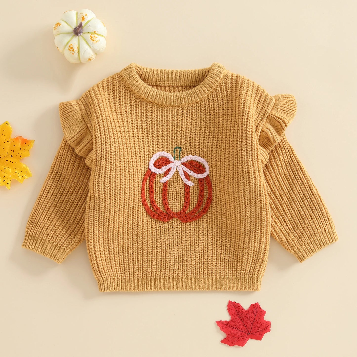 Baby Fall Sweater - Bow Pumpkin Embroidery Round Neck Knit Pullover