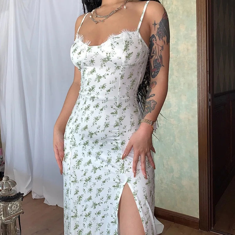 Women Lace Dress- Midi Backless Slit  Summer Elegant Floral Dress