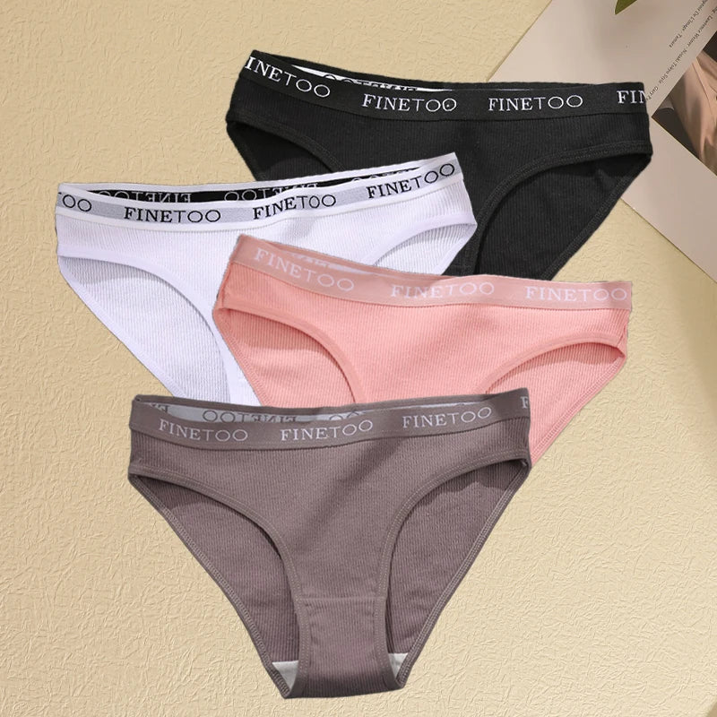 Women's 4Pcs Cotton Striped Underwear Panties Letter Belt Briefs  Low Waist Lingerie