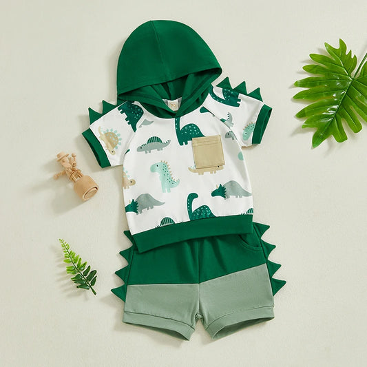 Baby Boys Dinosaur Print Summer Set - Hooded T-Shirt & Shorts (0-3Y)