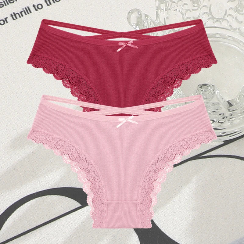 Women's Cotton Panties - 2 Pack Lace Brazilian Briefs Low-Waist