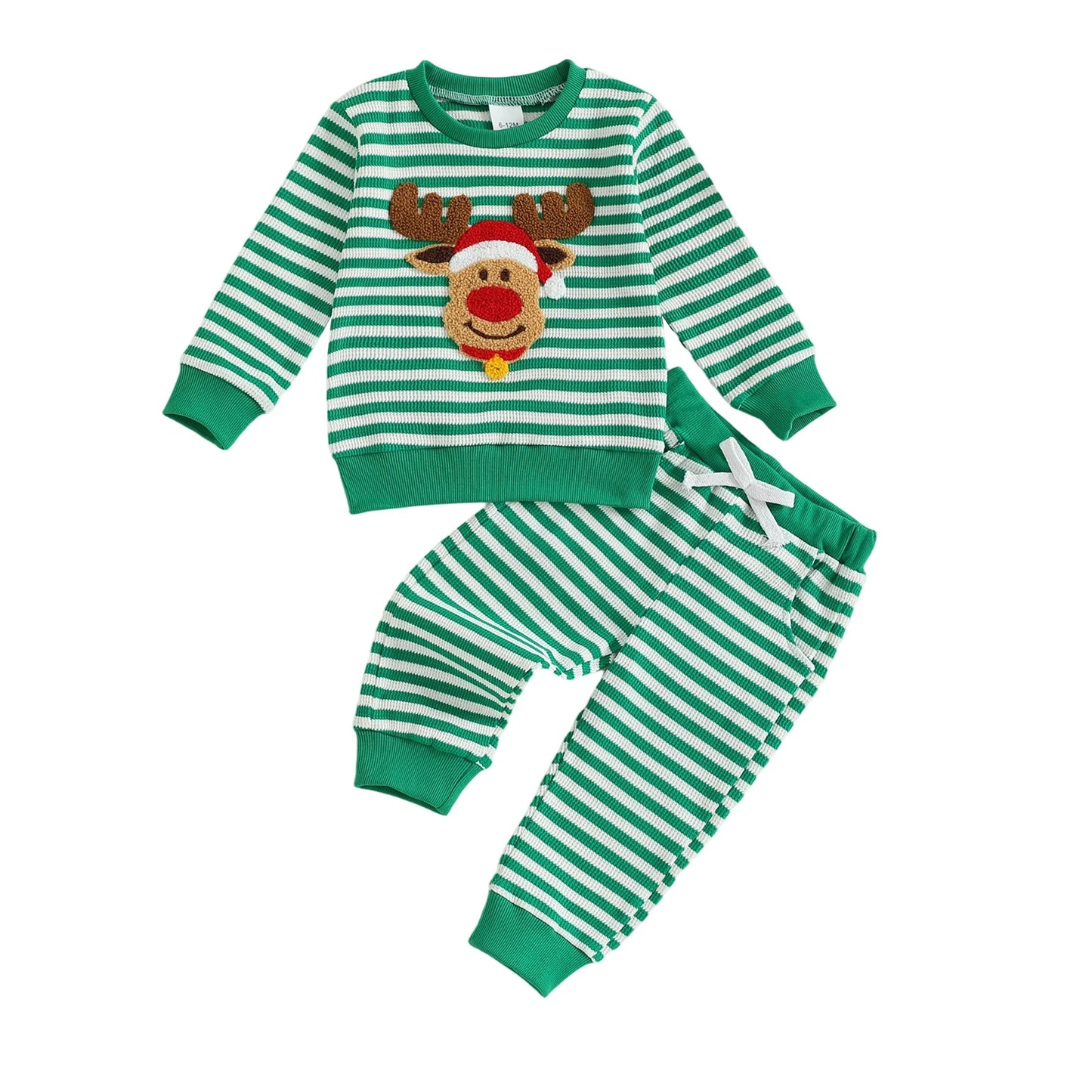 Infant Baby Boys Christmas Clothes Set - Long Sleeve Deer Embroidery Striped Sweatshirt & Pants