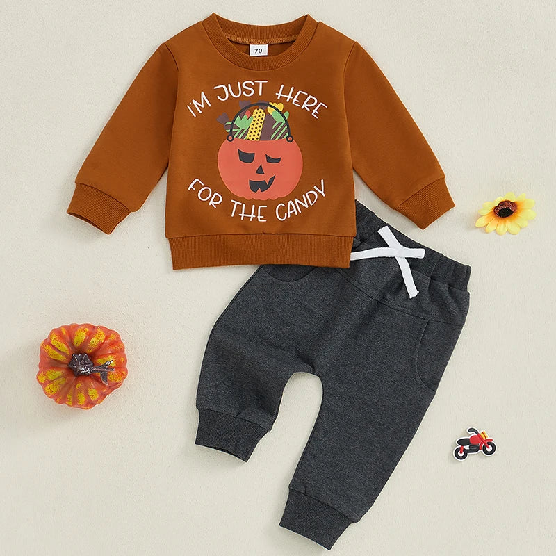 0-3Y Baby Boys Halloween Clothes Set - Pumpkin Letter Print Long Sleeve Sweatshirt Pocket Long Pants