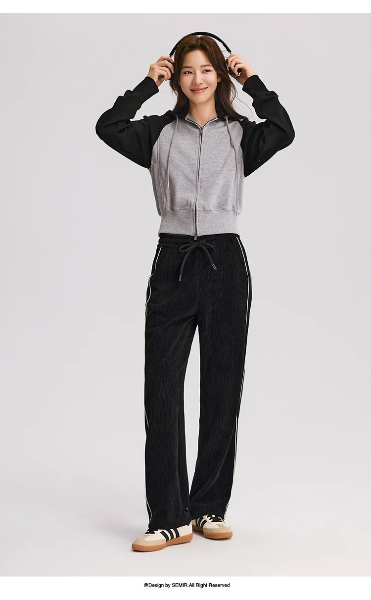 Chenille Wide Leg Trousers - Women's Colorblock Slimming Street Style Pants