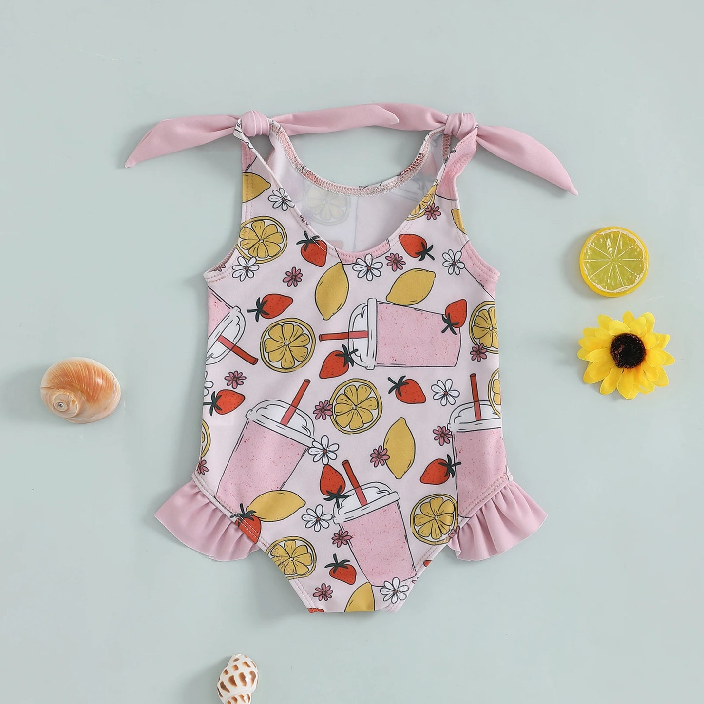 0-5Y Toddler Kids Girls Summer Swimsuits Cartoon Ice Cream Print Tie up Strap Ruffled Swimwear