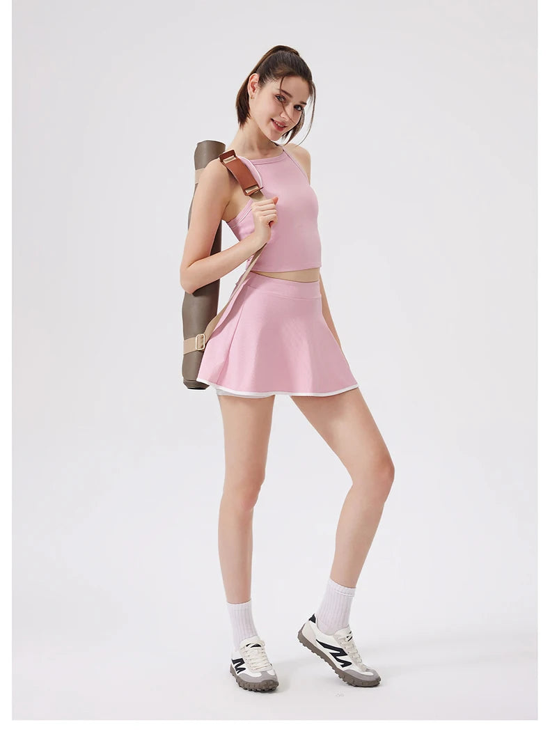 Women's Two-Piece Fitness Set - Yoga Top & Skort with Built-in Shorts