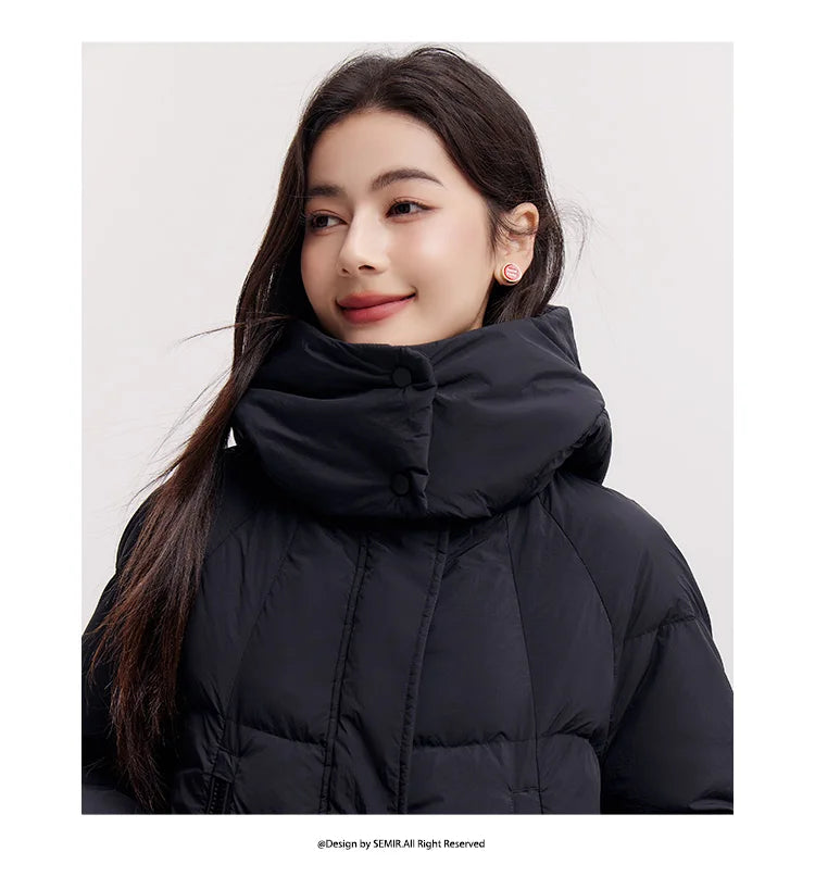Mid-Length Loose Fit Hooded Down Jacket - Women's Textured Winter Coat