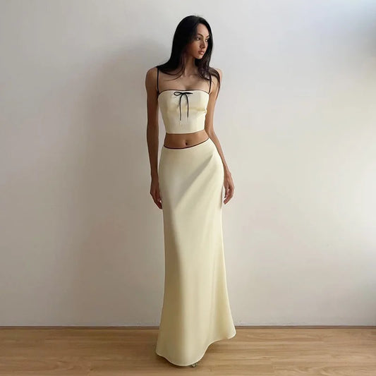 Women's Backless Two Piece Dress Sets Club Outfits Satin Cropped Top and Skirt Matching Set