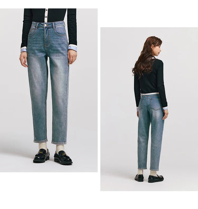 Women's Vintage Washed Tapered Jeans - Brushed Denim Loose Long Fit Winter Pants