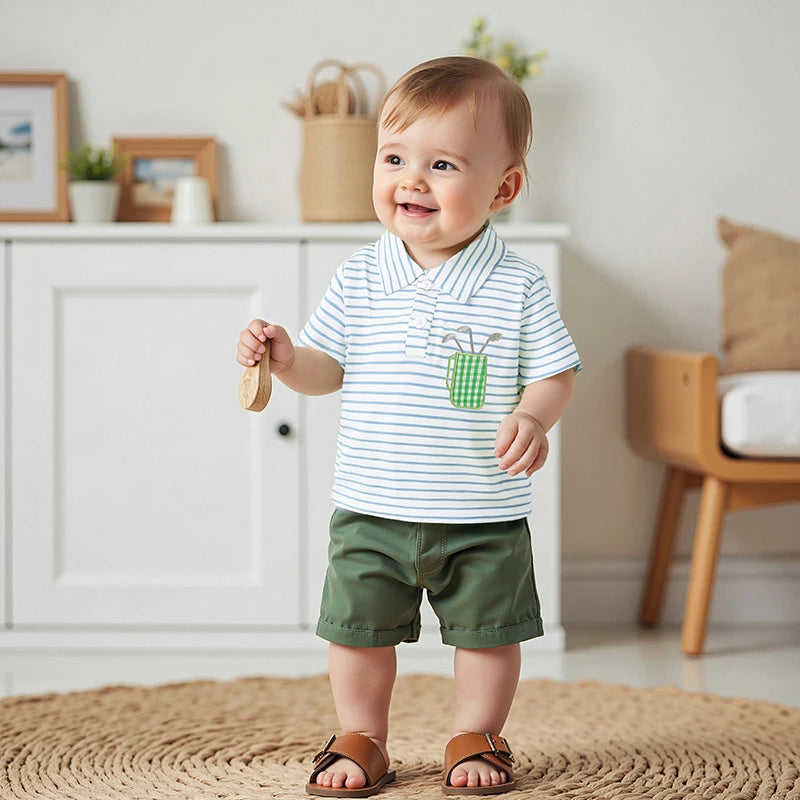 0-4Y Toddler Kids Boys Summer T Shirts Short Sleeve Casual Golf Embroidery Striped Print Pullover Top