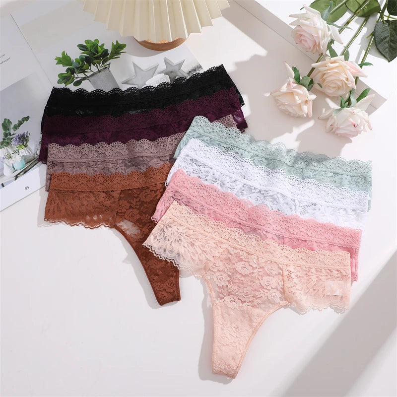 3Pcs Women's Lace Hollow Out Underwear Floral Print Panties Low-Waist Thong Breathable G-string Lingerie