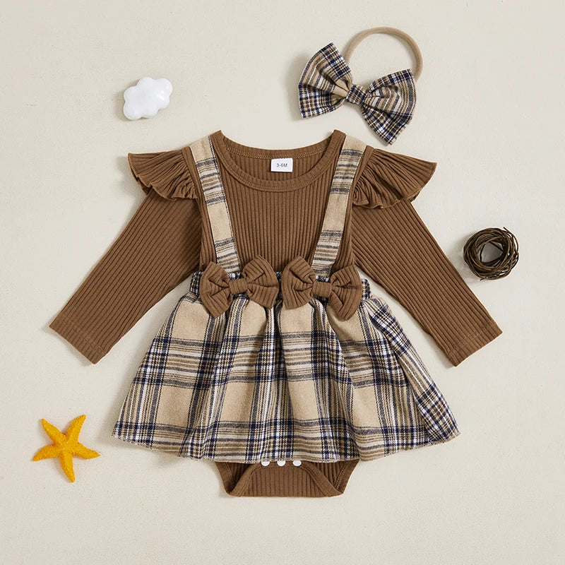 0-18M  Baby Girls  Romper Dress Long Sleeve Round Neck Plaid Print Patchwork Bow Jumpsuits with Headband