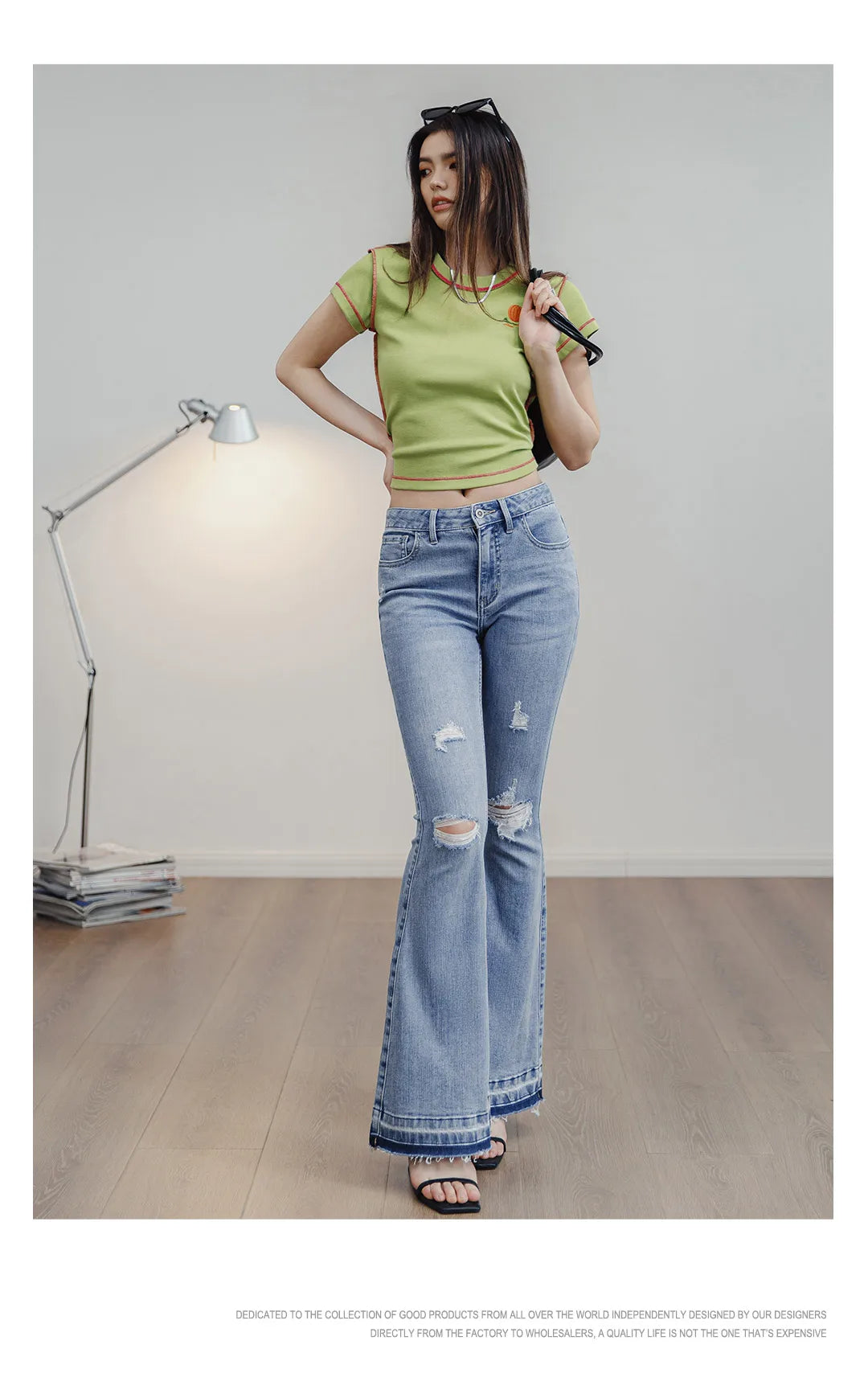Women's Ripped Bell-Bottom Flare Jeans | 9oz Cotton Denim | Vintage High Street | Light Blue