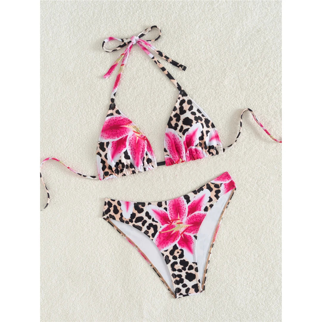 Floral Leopard Halter Bikini Set