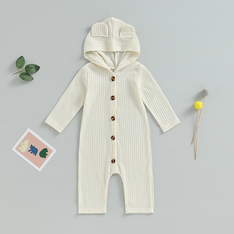0-12M Autumn Baby Romper - Solid Colour Long Sleeve Hooded Jumpsuit for Boys & Girls