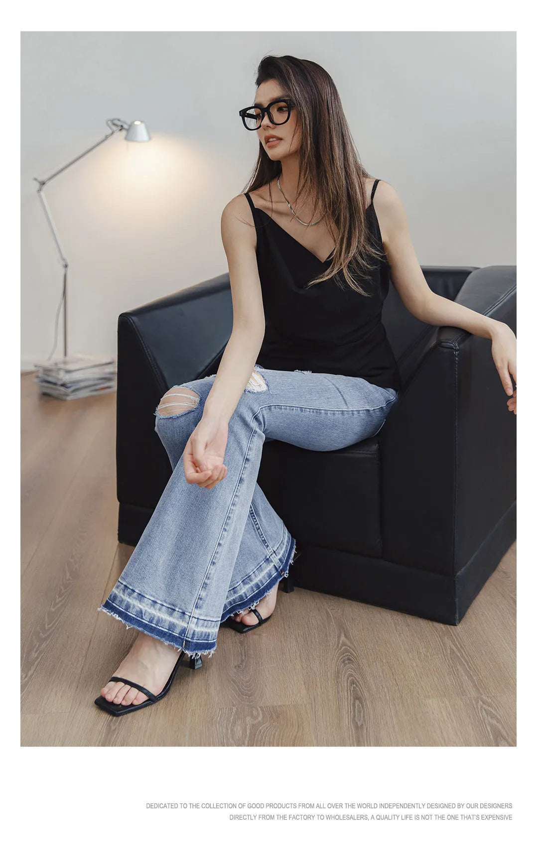 Women's Ripped Bell-Bottom Flare Jeans | 9oz Cotton Denim | Vintage High Street | Light Blue