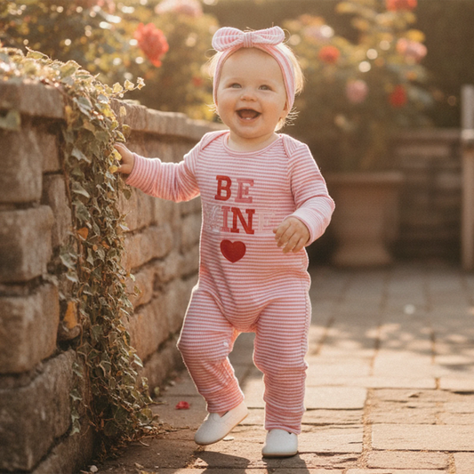 Newborn Baby Romper with Headband - Love Heart Embroidery Stripe Design