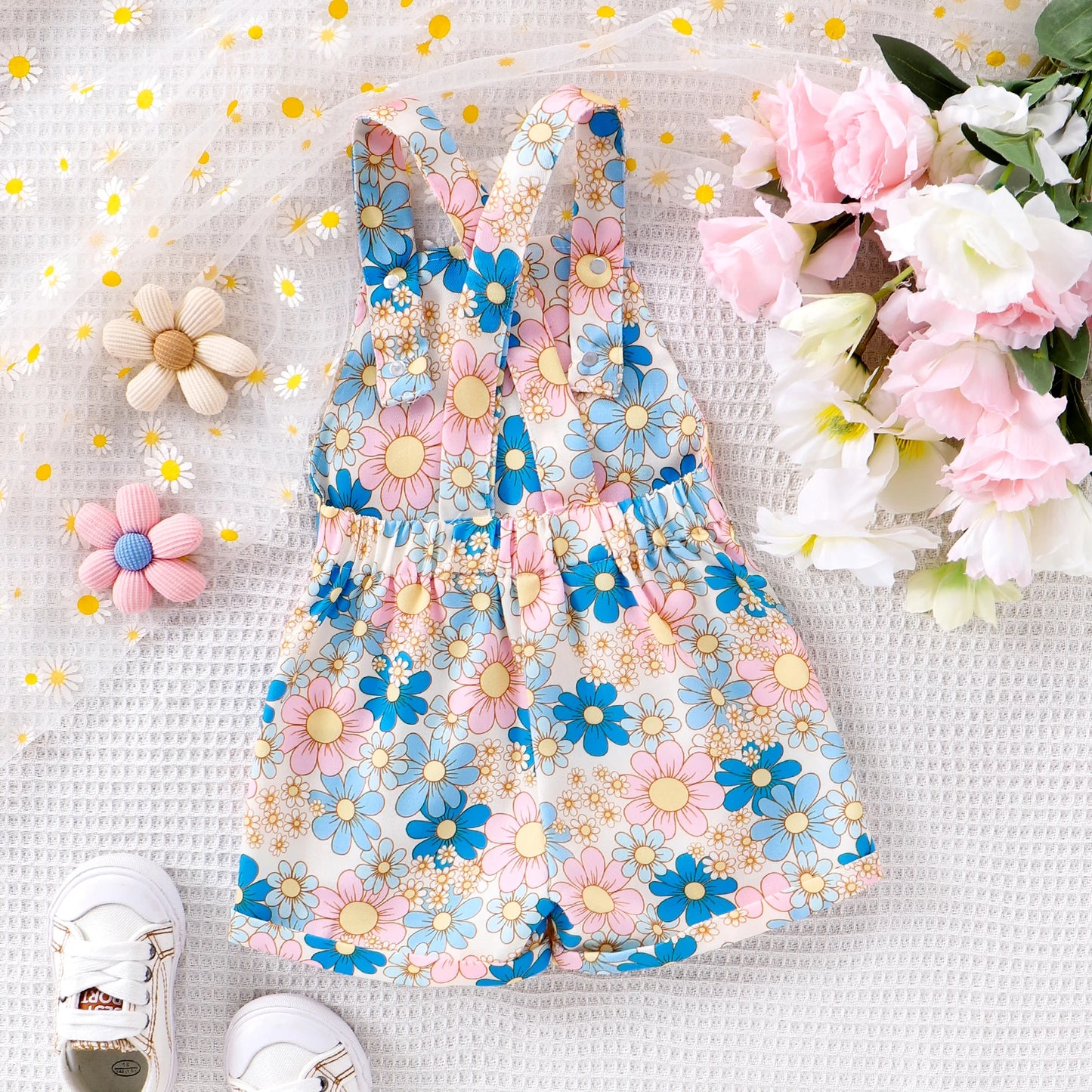 0-4Y Toddler Kids Girls Overalls Rompers Sleeveless Strap Sunflowers Print Buttons Pockets Jumpsuit