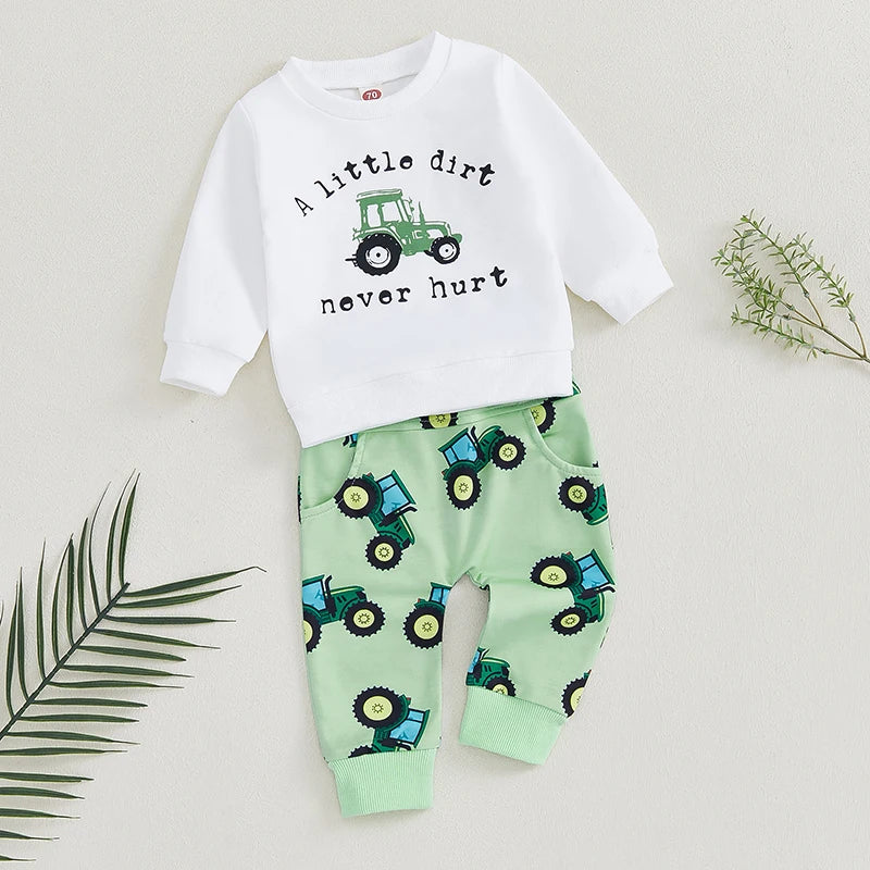 0-3Y Baby Boys Long Sleeve Tractor Letter Print Pullover Sweatshirt Top and Pants